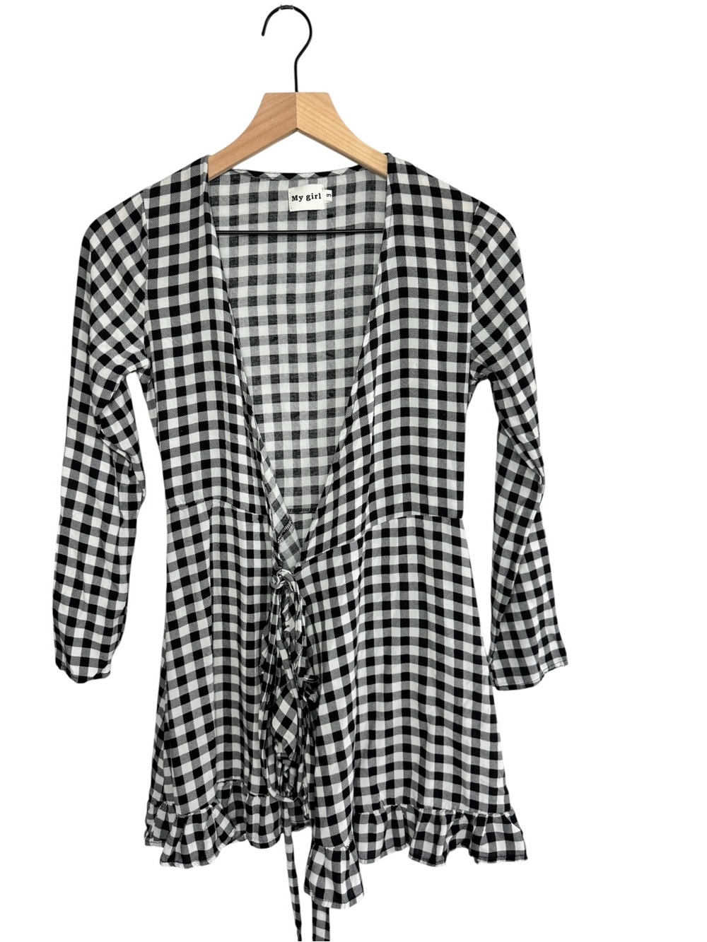 My Girl Black and White Gingham Mini Dress with Tie Front - Size 6